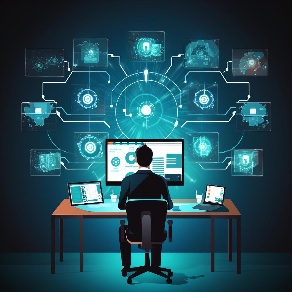 A person working on multiple computer screens, depicting a network security setup